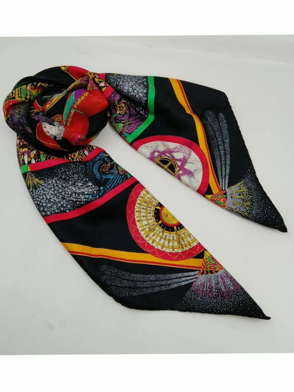 Authentic Hermès Silk Scarf Black Multicolor Equestrian Print - Picture 5 of 10